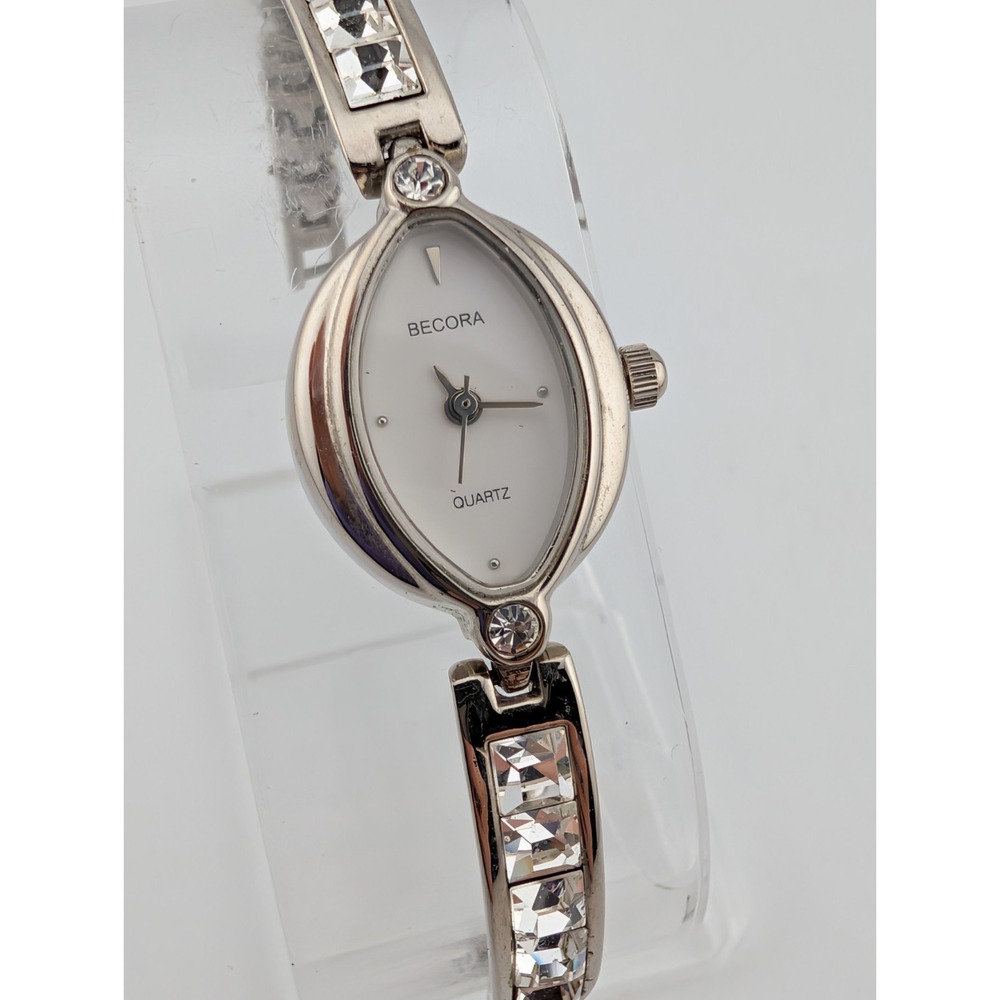 Becora Rhinestone Watch‎ Women 18mm Case 6" Silver Band- New Battery